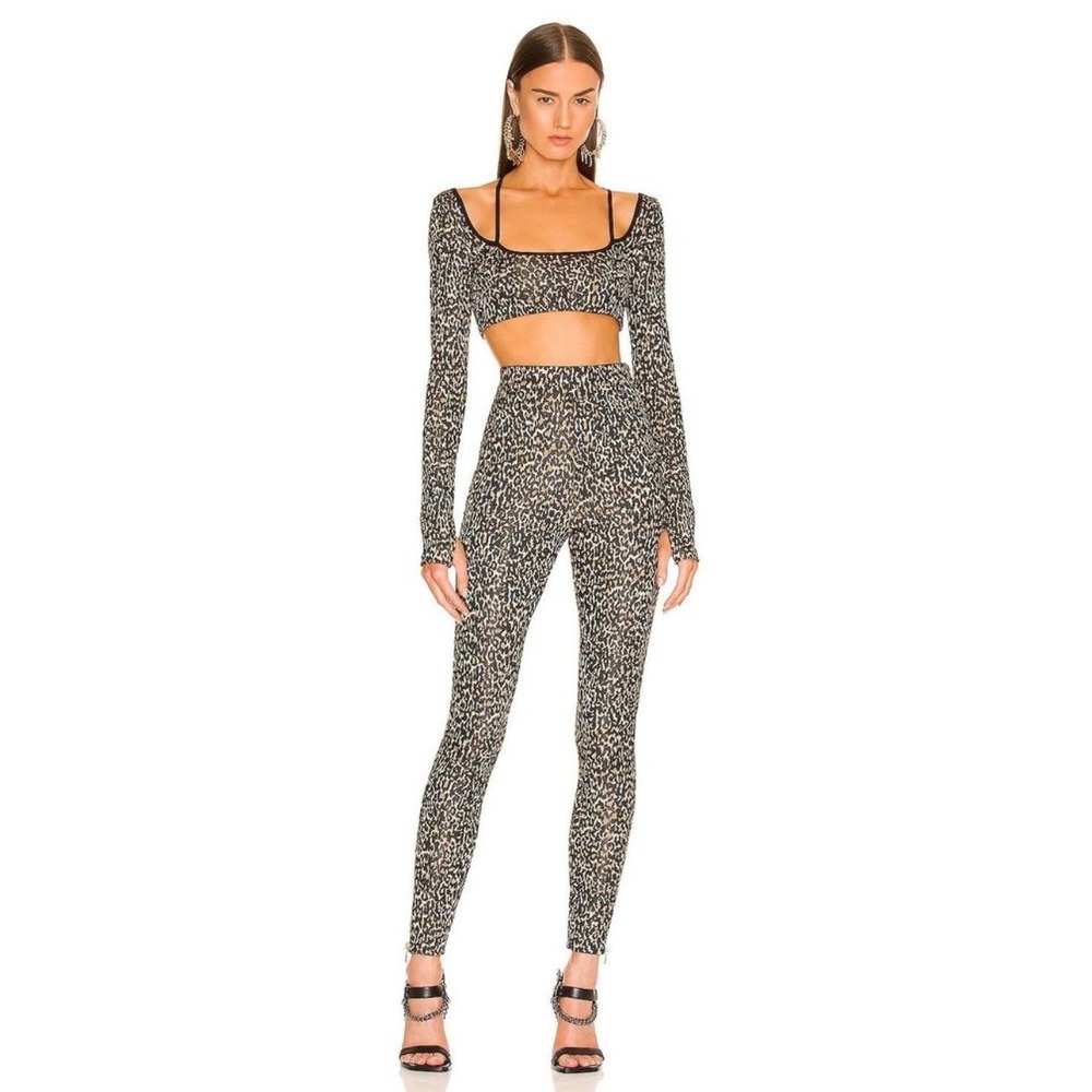 Dundas x Revolve Leopard Print Metallic Crop Top and Leggings Set Gold Small